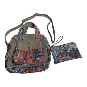 Black Butterfly Canvas Floral Crossbody Handbag With Wristlet